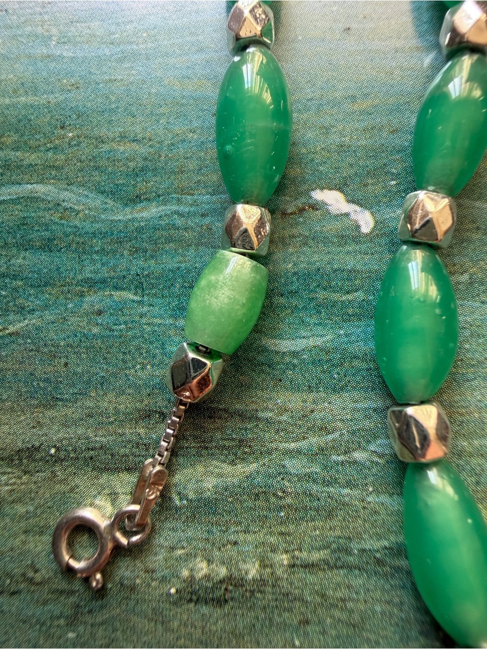 Vtg Sterling Silver Green Art Glass Bead Necklace 15" - Picture 8 of 10